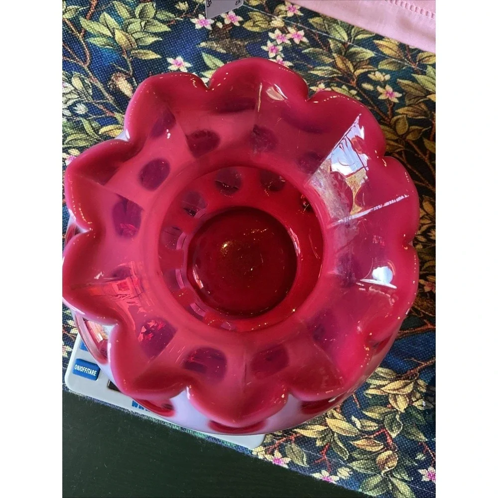 Vintage FENTON MCM Cranberry Opalescent Coin‎ Dot Art Glass Vase 6.5